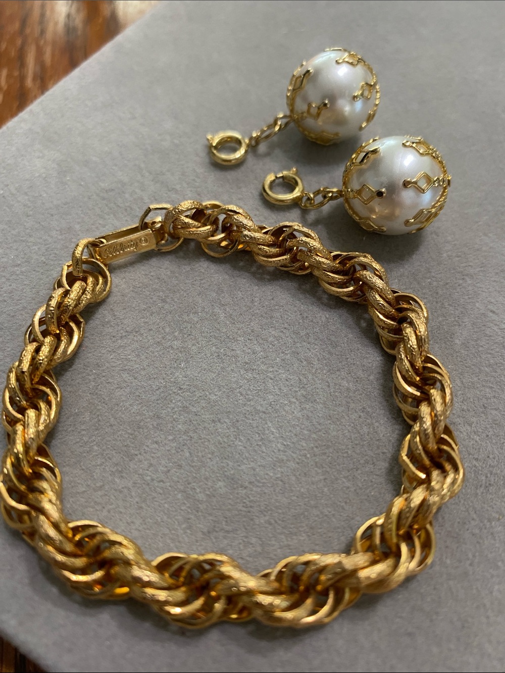 Gold-Tone Rope Link Bracelet with Pearl Charm Accent